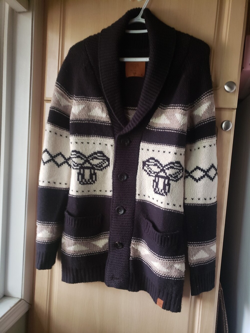 TNA Lambswool Shawl Collar Cardigan - Black & Cream